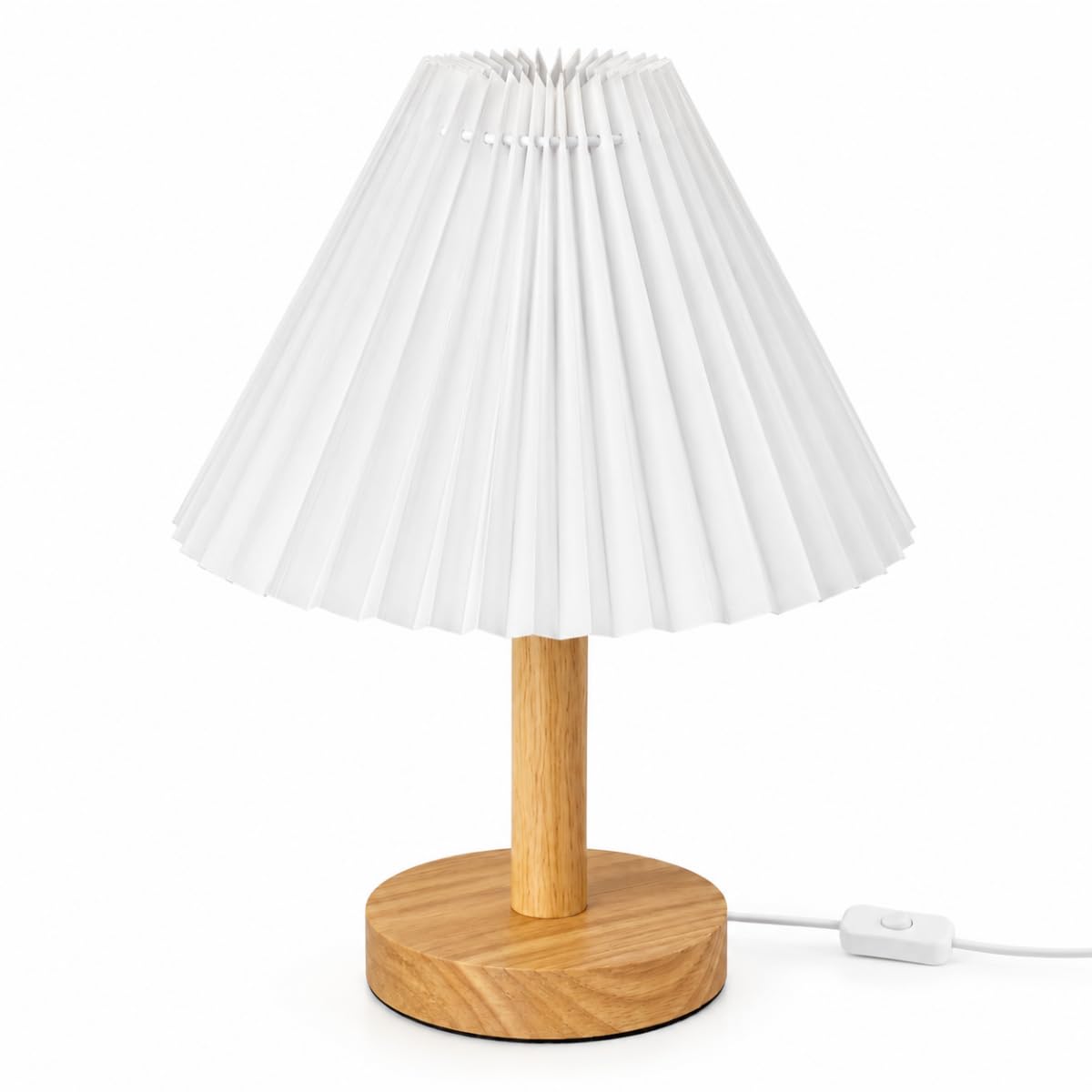 Abajur de Mesa LED USB Decorativo com Base em Madeira Cúpula Plissada Luminária para