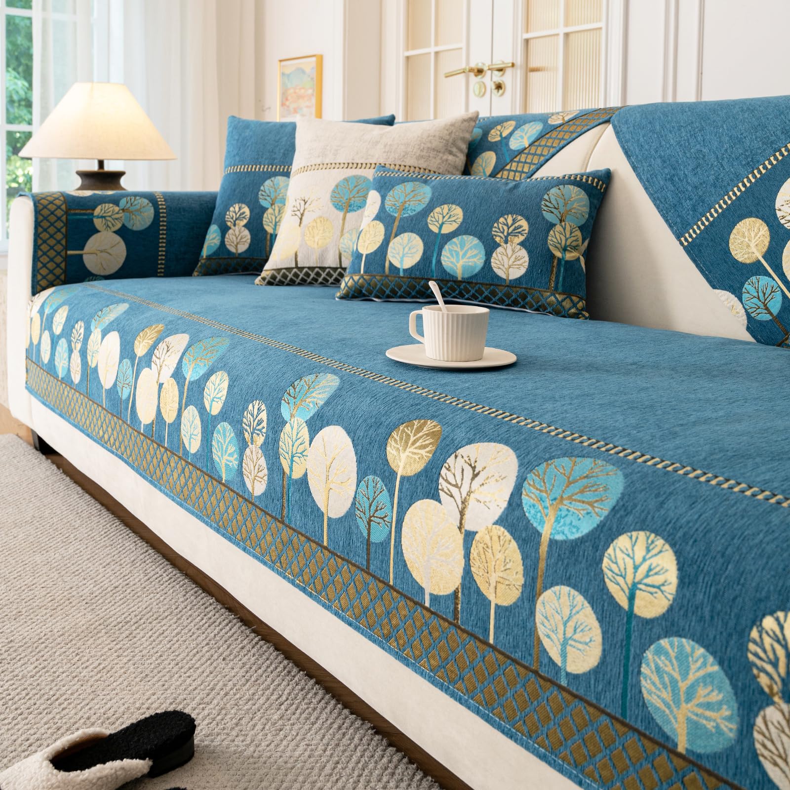 Capa de Sofá Boho, Antiderrapante, Lavável, Chenille (Azul, 91 x 160 cm/Capa de Sofá