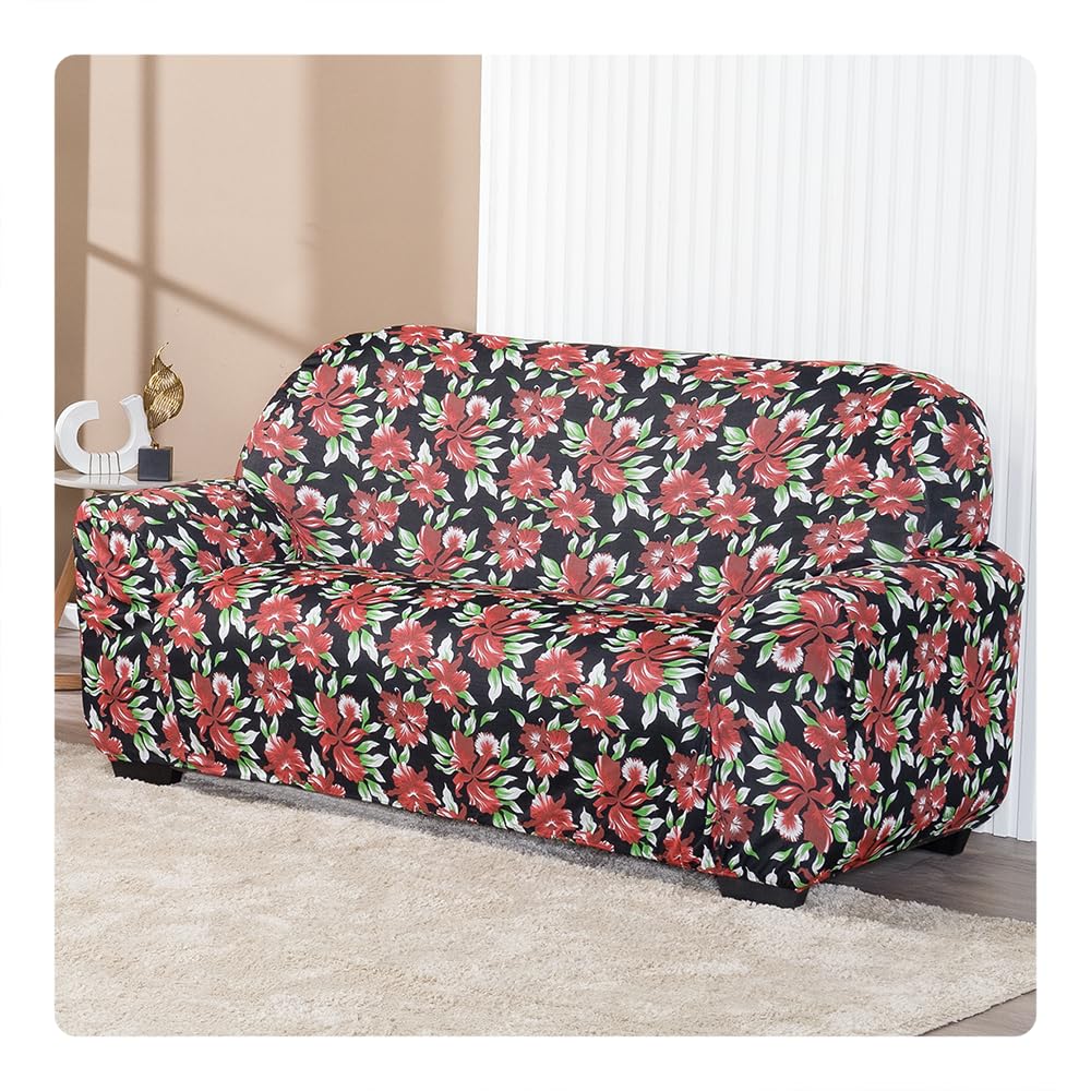 Capa de Sofá 3 Lugares Coladinha Estampada Malha Gel (FLORAL VERMELHO)