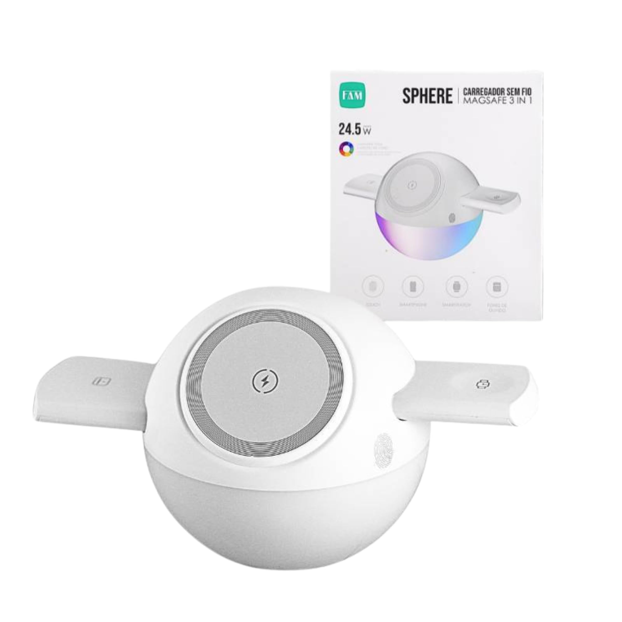 Carregador Sem Fio 3 em 1 FAM Sphere 24,5W com Luminária RGB – Base Indução para iPhone,