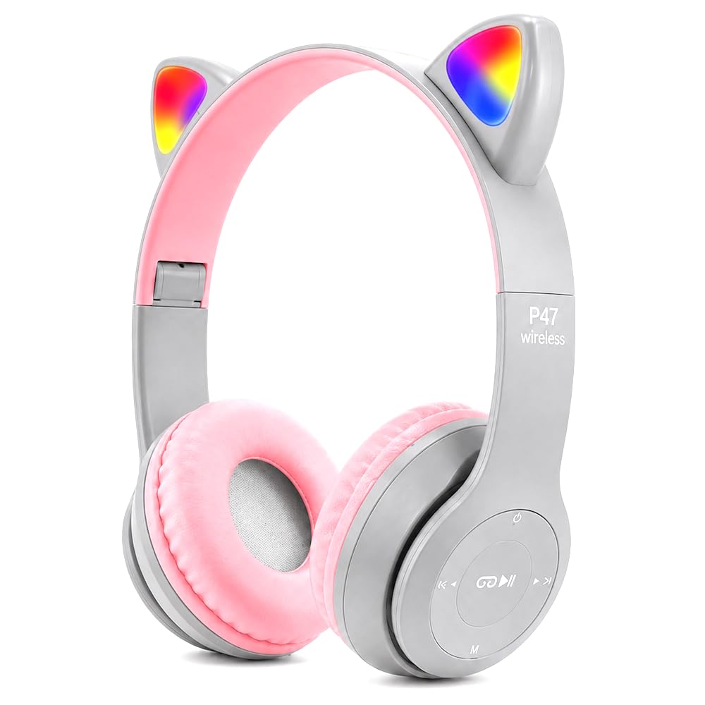 Fone de Ouvido Bluetooth Infantil Gatinho Orelhas de Gato Luzes LED RGB Sem Fio + Entrada