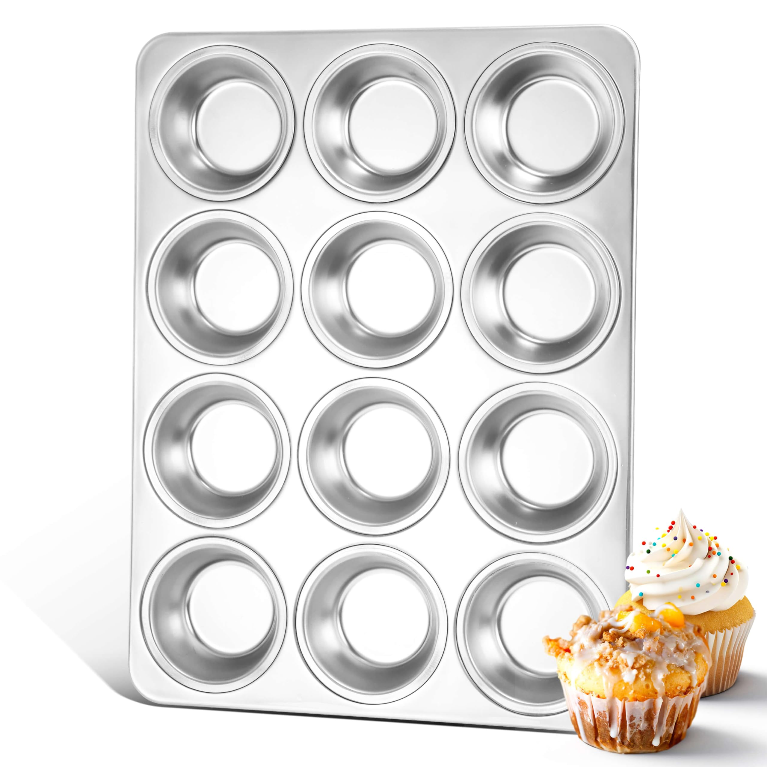 Herogo Forma de muffin de aço inoxidável de 12 xícaras para assar, conjunto de bandeja de