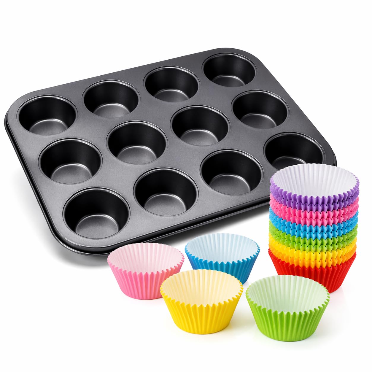 Kit Forma de Cupcake 12 Cavidades Antiaderente + 12 Forminhas de Silicone Reutilizáveis,