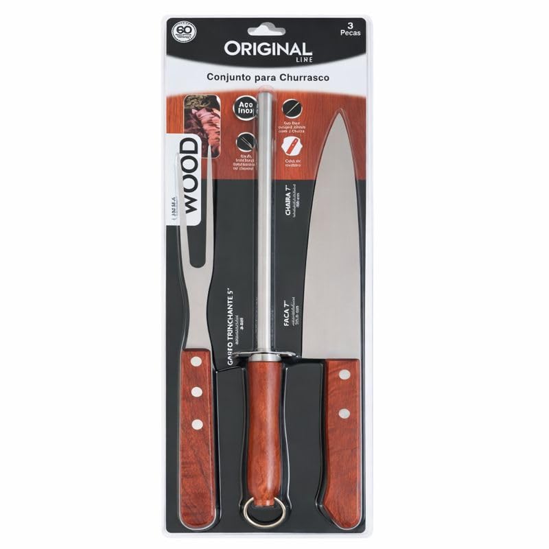 Conjunto Para Churrasco 3 Peças – Faca 7” Garfo Trinchante e Chaira Cabo de Madeira Aço