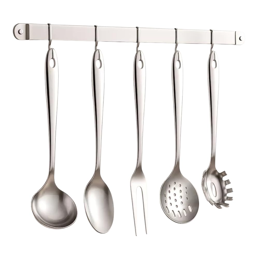 Conjunto de Utensílios de Cozinha em Aço Inox 6 Peças com Suporte de Parede Concha Colher