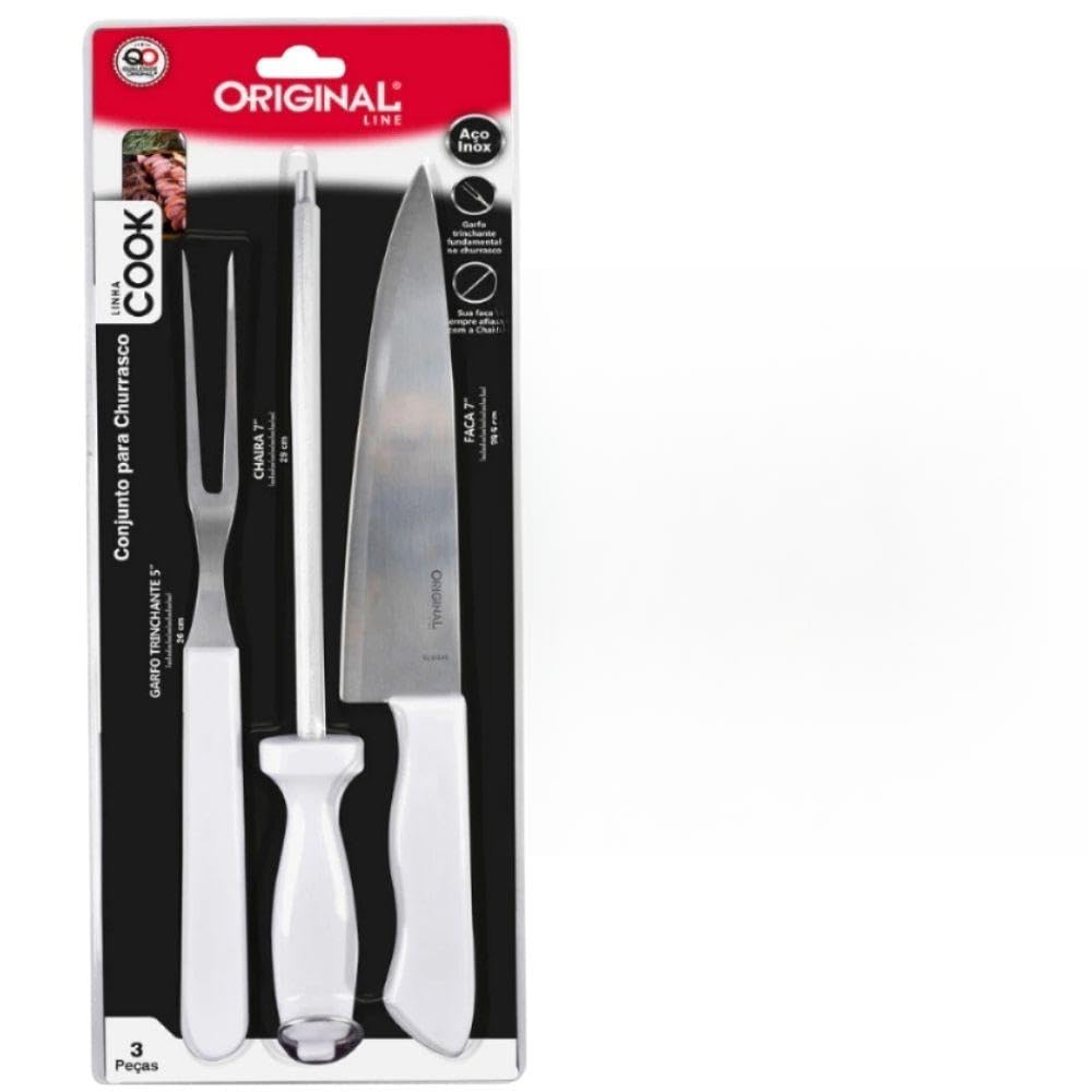 Conjunto Churrasco 3 Peças em Aço Inox Faca Garfo Trinchante e Chaira Afiador Linha Cook
