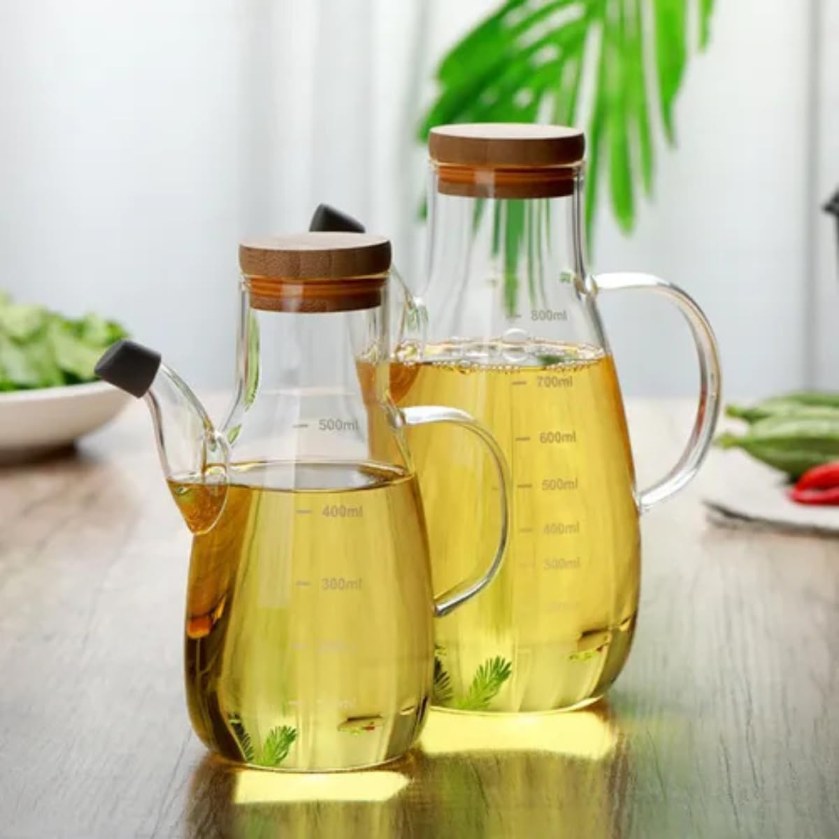 Galheteiro de Vidro com Tampa de Bambu, 350ml, Jarra para Óleo e Vinagre com Medidor