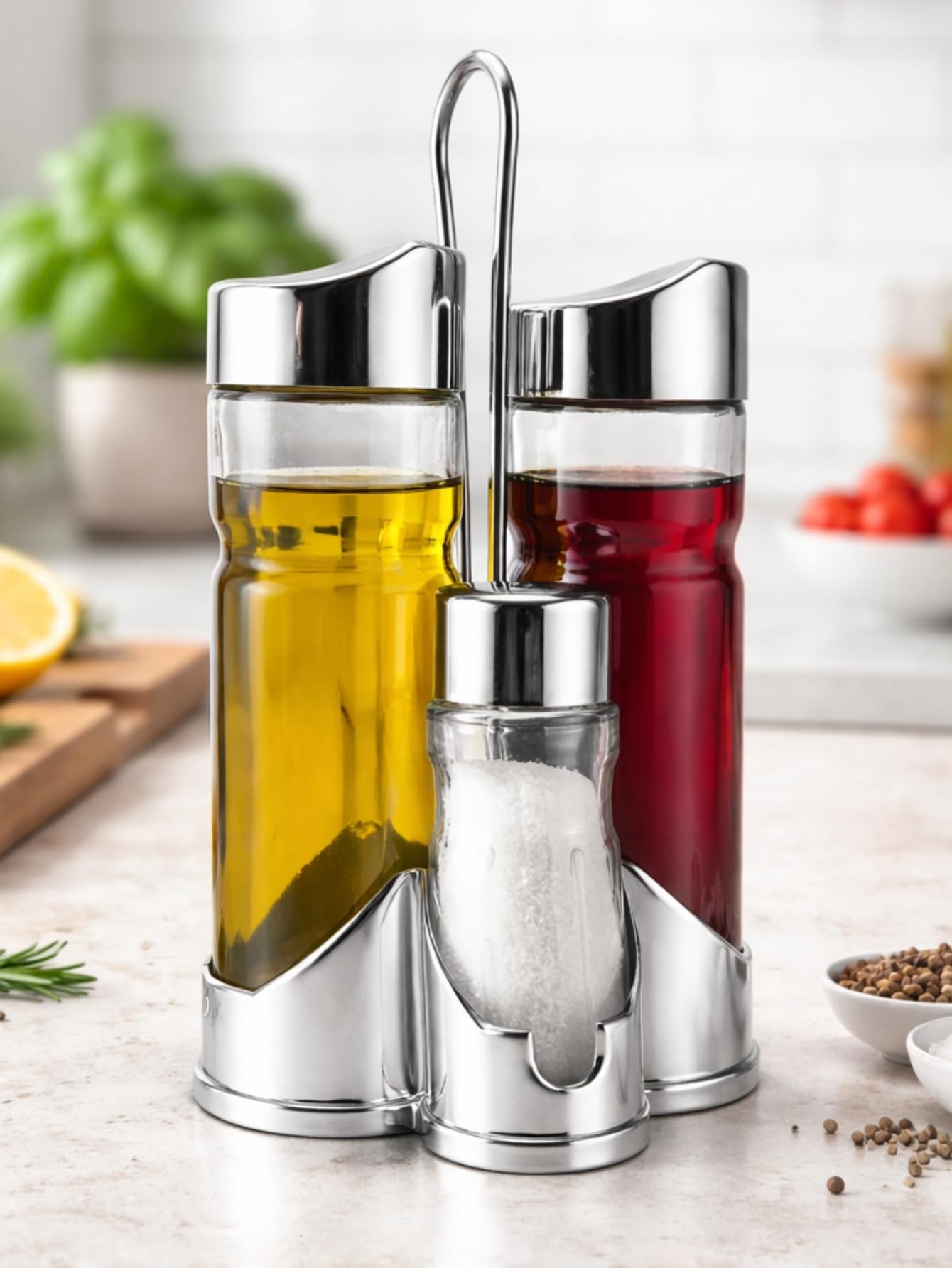 Galheteiro de Vidro com Suporte Cromado para Azeite, Vinagre, Pimenta e Sal, Conjunto com