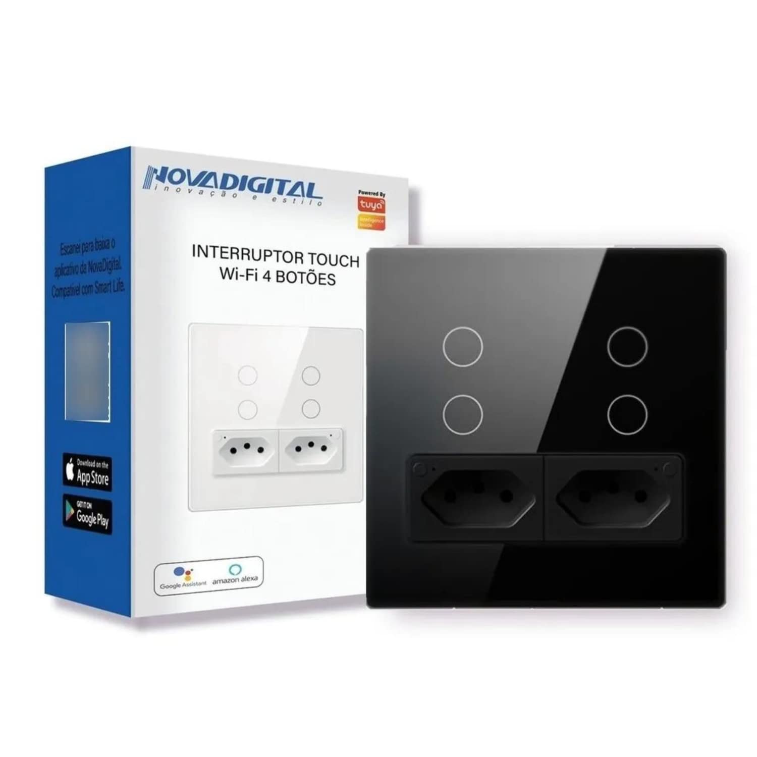 Interruptor Inteligente 4 Botões Touch 2 Tomada wi-fi 4x4 (Preto)