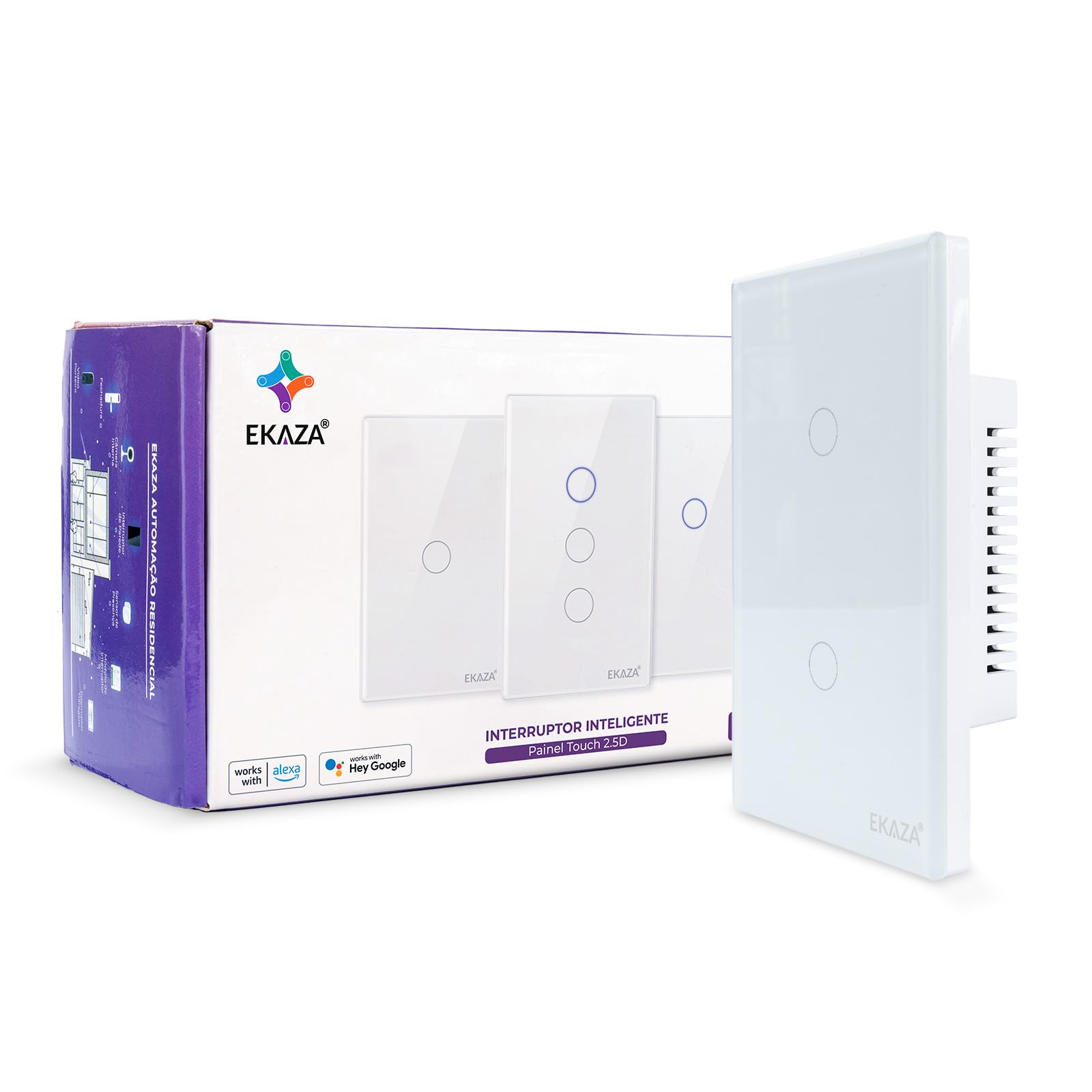 EKAZA Interruptor Inteligente, Touch, borda 2.5 D,Wifi+BLE, 2 botões, Branco, Compativel