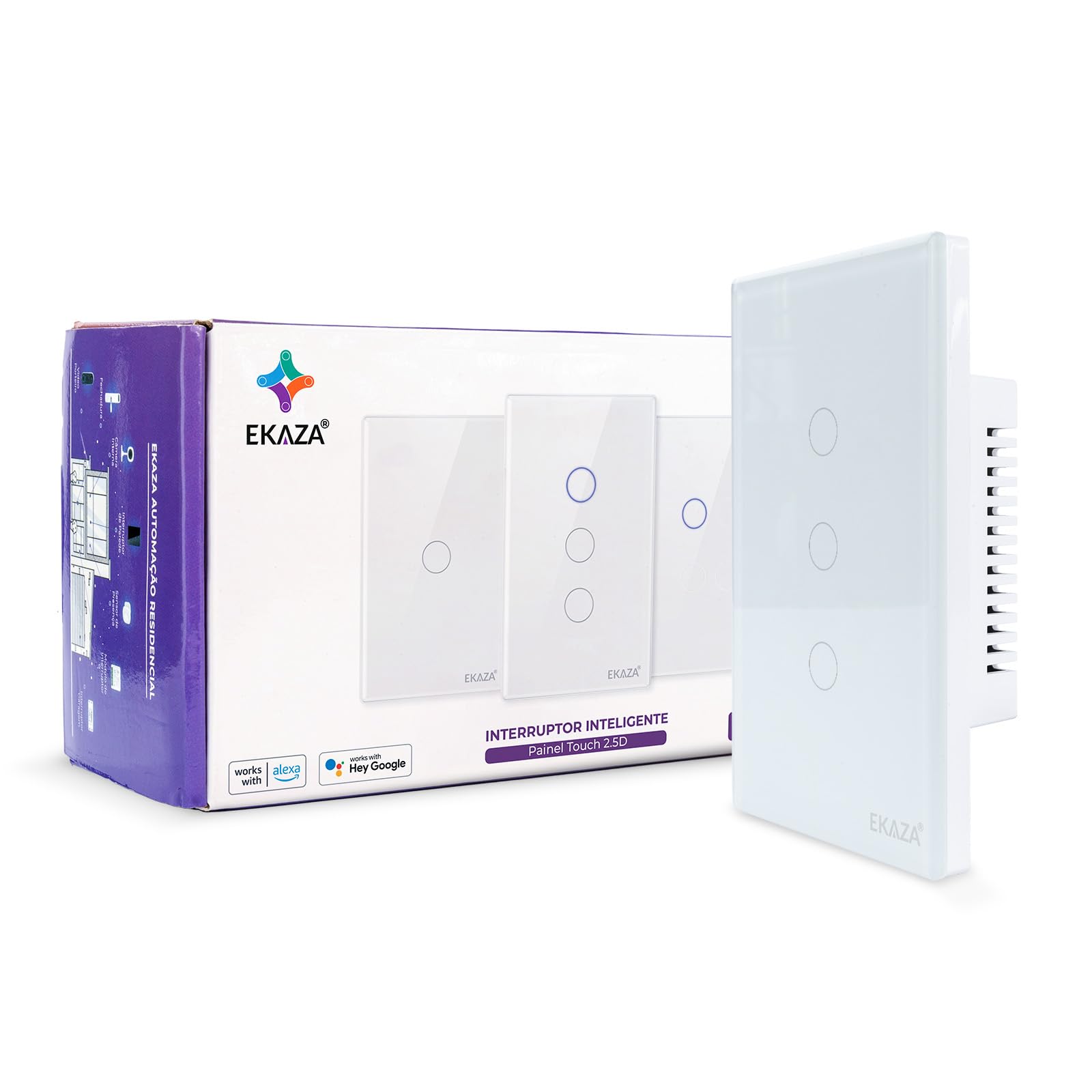 EKAZA Interruptor Inteligente, Touch, borda 2.5 D, Wifi+BLE, 3 botões, Branco, Compativel