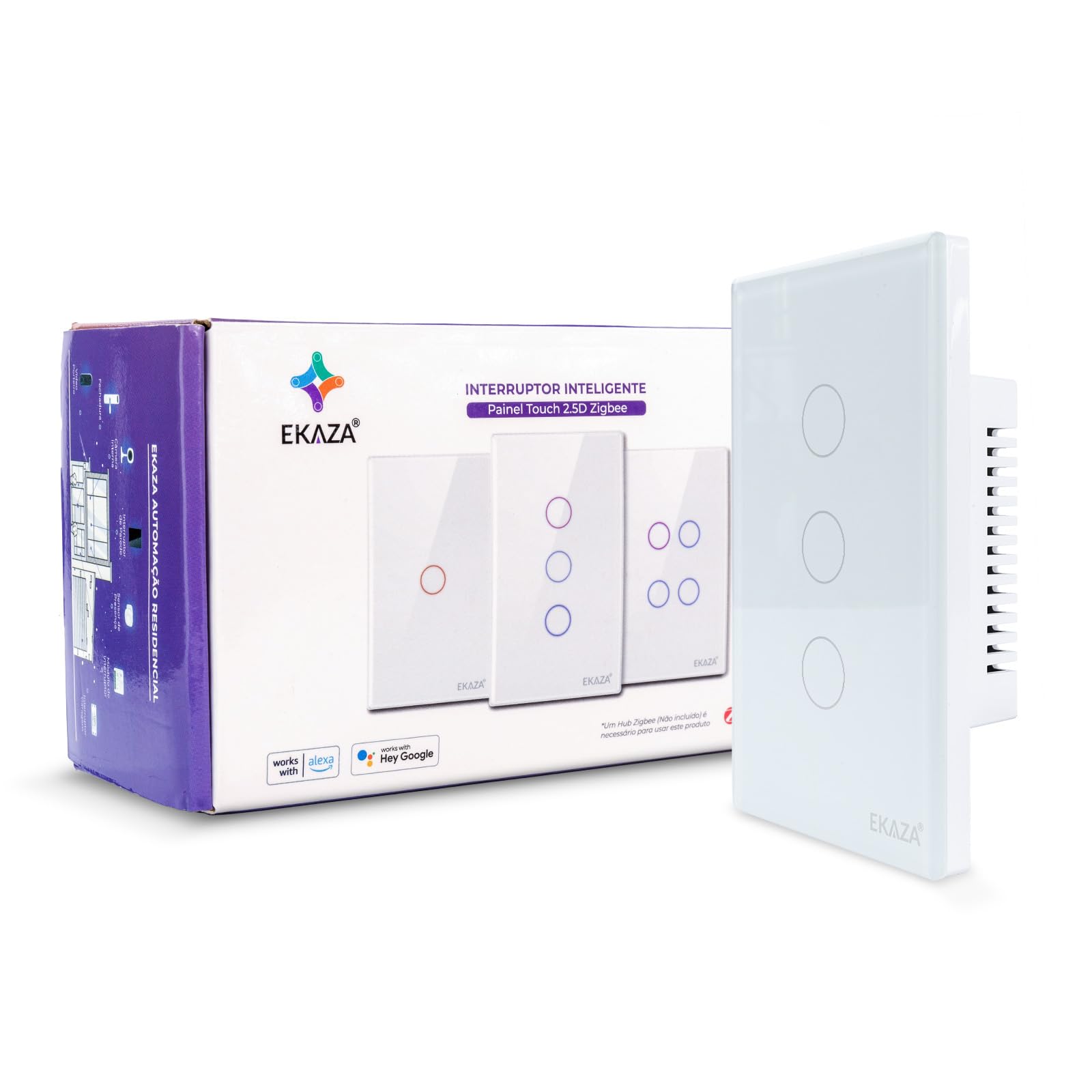 EKAZA Interruptor Inteligente, Touch, borda 2.5 D, Zigbee, 3 Botões, Branco, Compativel
