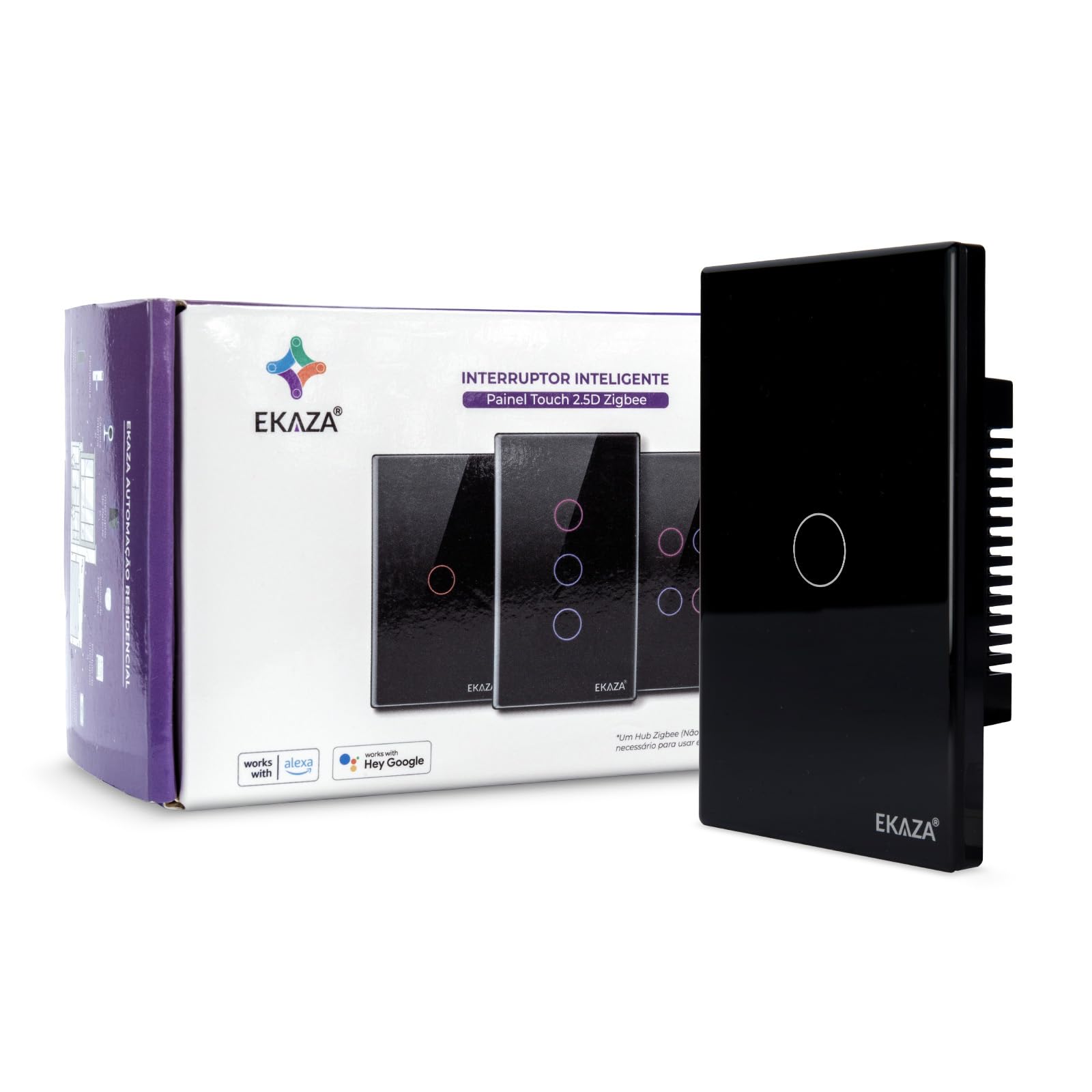 EKAZA Interruptor Inteligente, Touch, borda 2.5 D, Zigbee, 1 Botão, Preto, Compativel com