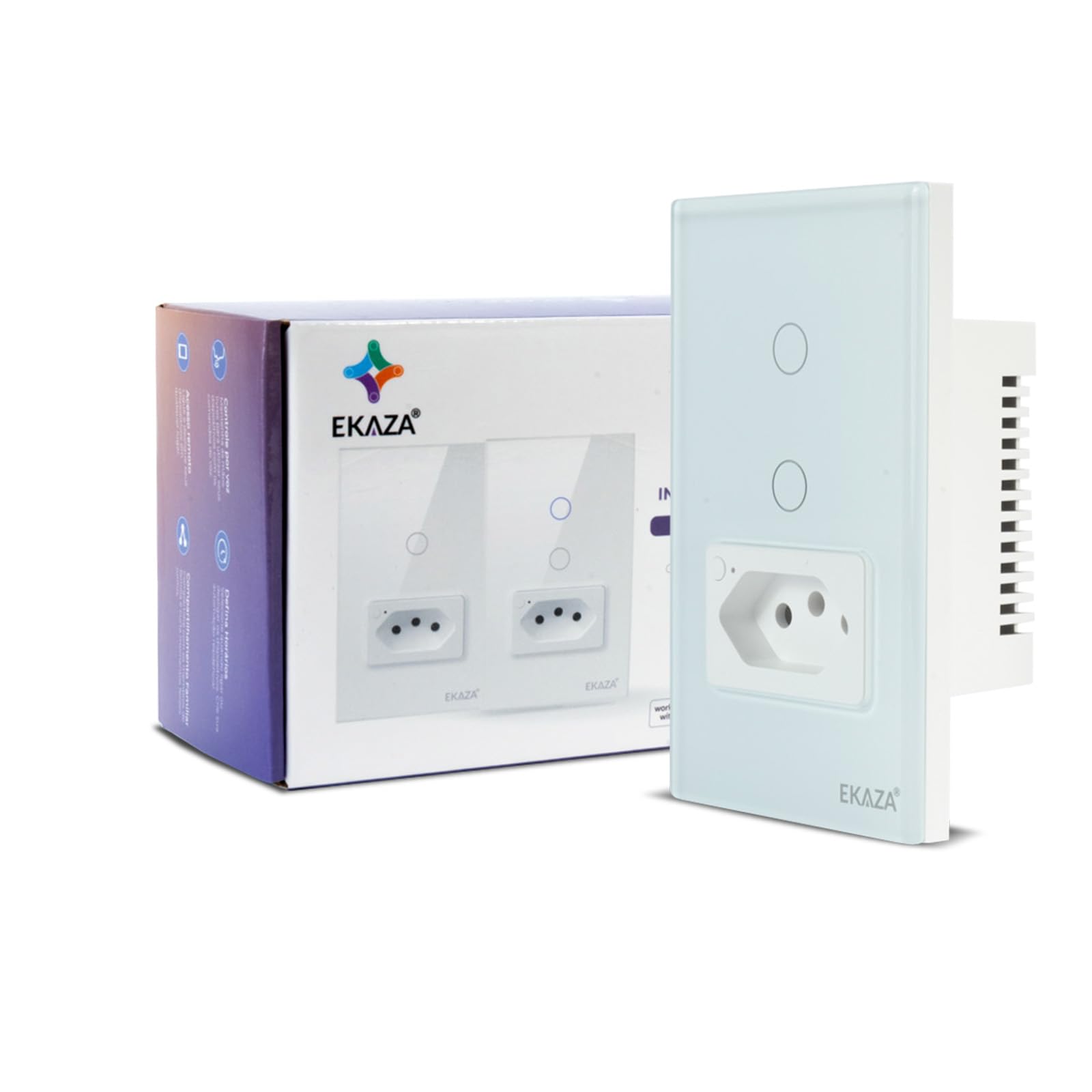 EKAZA Interruptor Inteligente Touch com Tomada 20A Wi-Fi, 2 Botões, Branco, Compatível