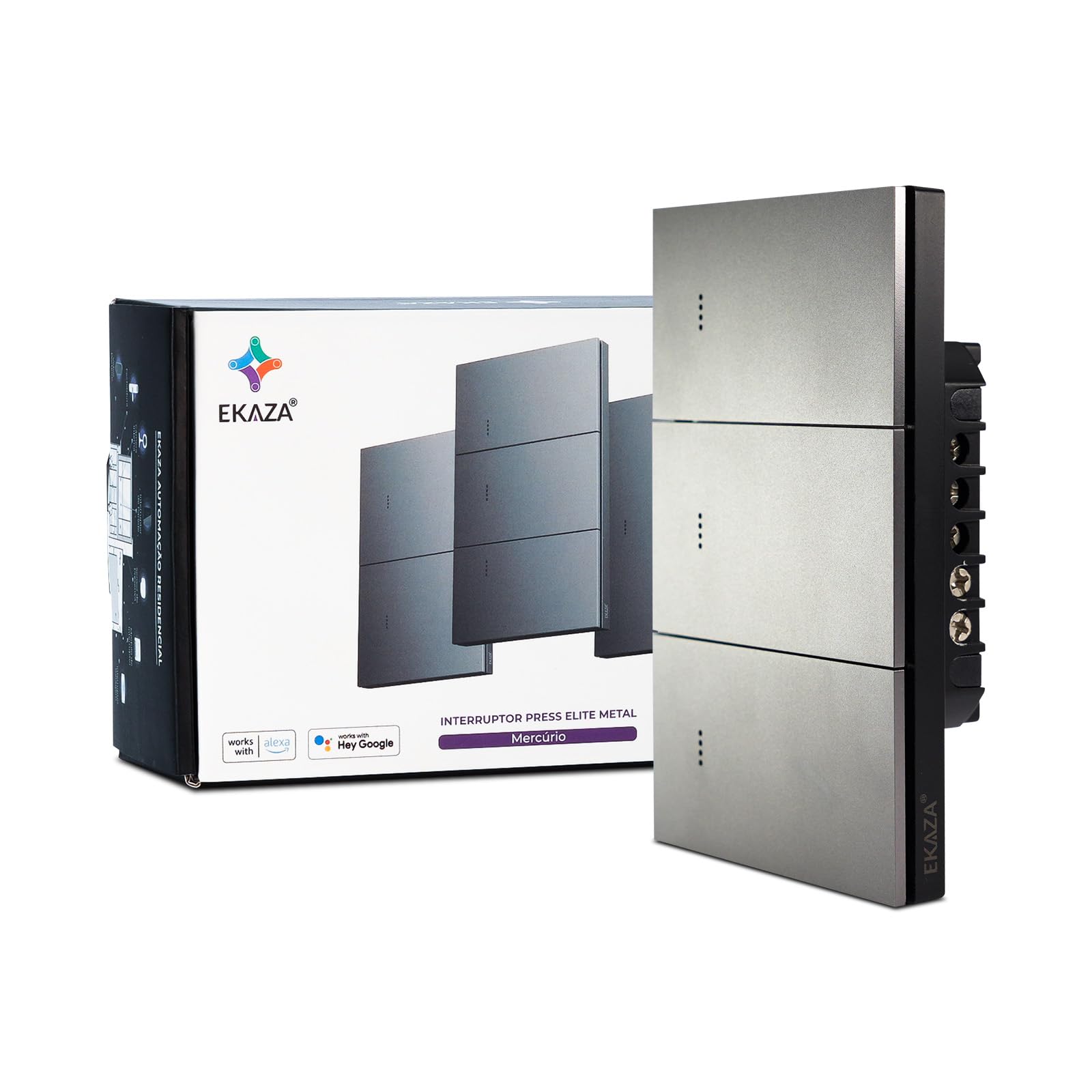 EKAZA Interruptor Inteligente Tecla Física Mercúrio, ZigBee, Press Elite Metal, 3 Botões,