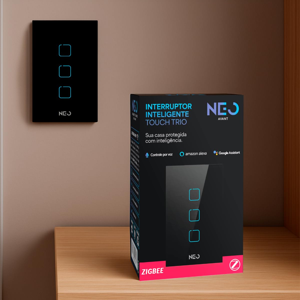 Avant Neo Interruptor Inteligente Preto 3 Botões Smart Touch Bivolt 4x2 Hub Zigbee