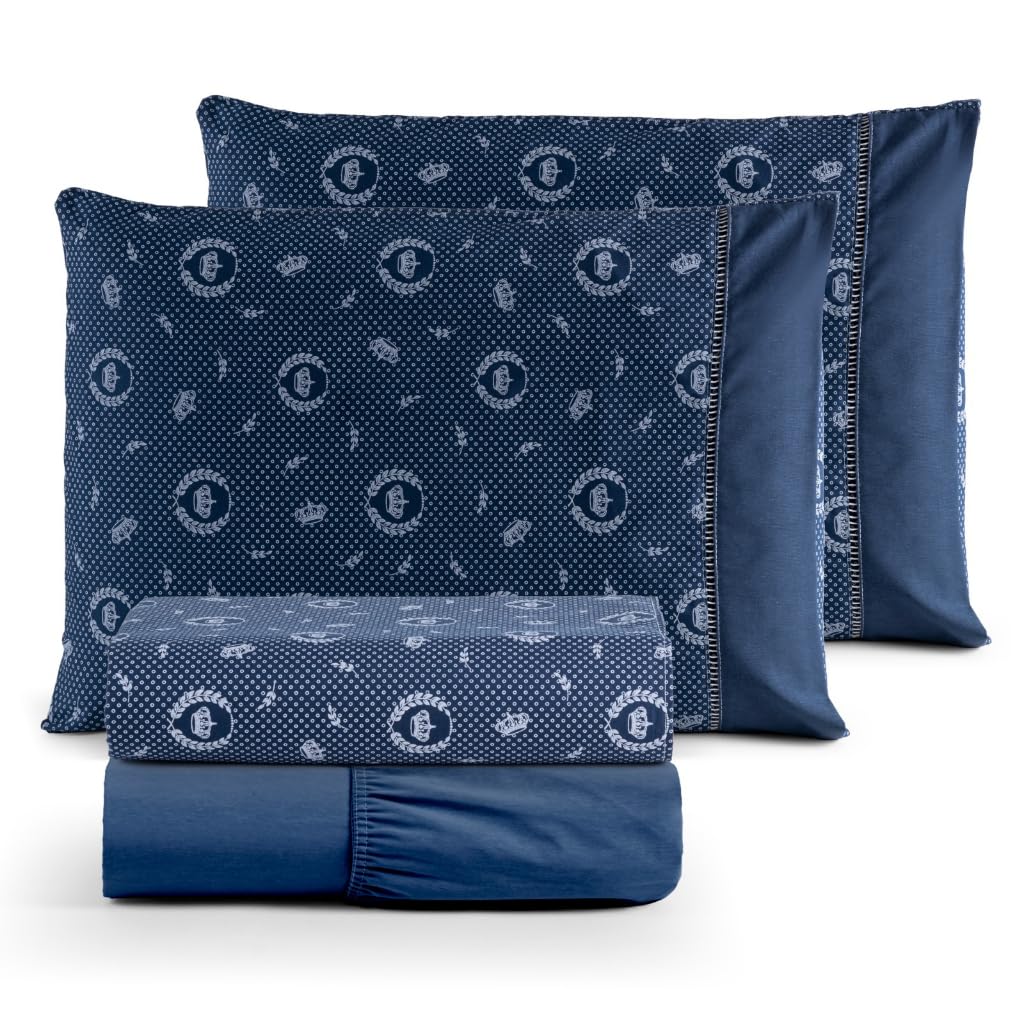 Jogo de Cama Casal 4 Peças 100% Algodão Percal 180 Fios Confortável (COROA AZUL)