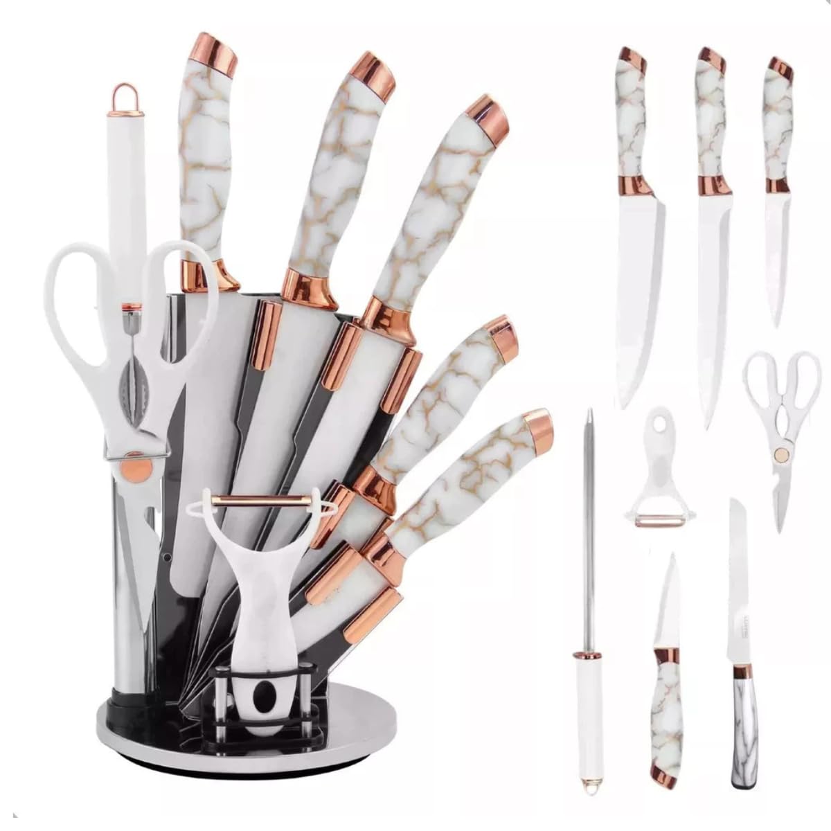 Jogo De Facas 9 Peças Aço Inox Com Suporte Em Acrílico Kit com Tesoura Afiador e Suporte