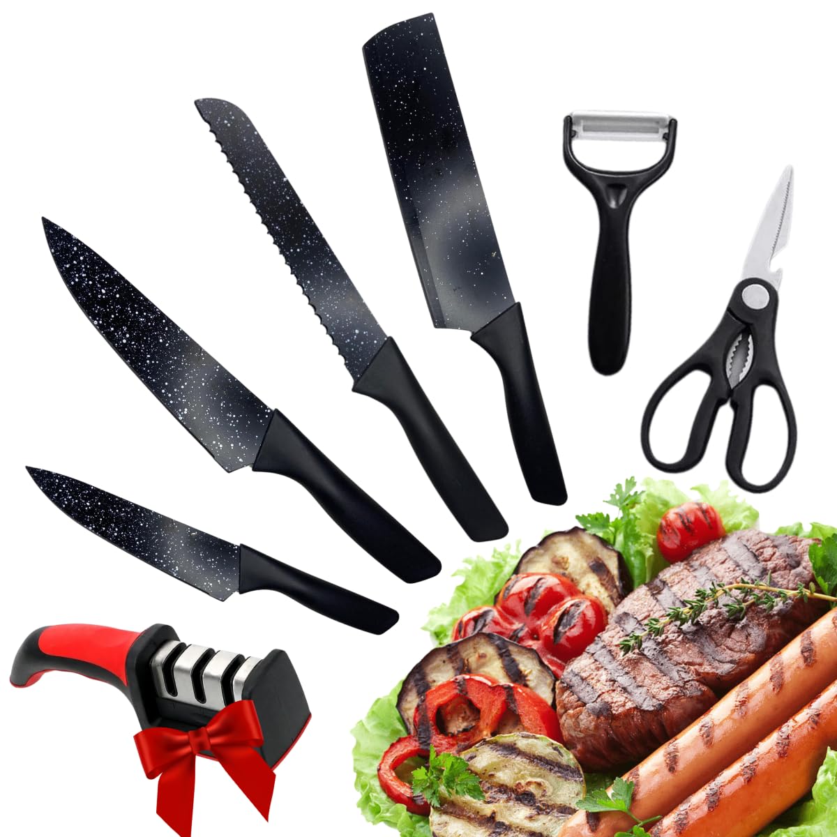 Jogo de Facas de Cozinha de Aço Inoxidável Antiaderente, 6 Peças + Afiador (Preto)