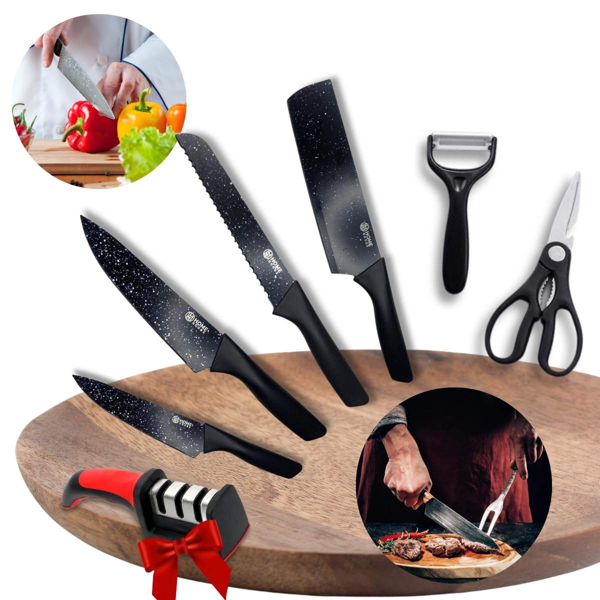 Jogo de Facas de Aço Inoxidável para Churrasco, 7 Peças, Kit Completo com Amolador, MZcell