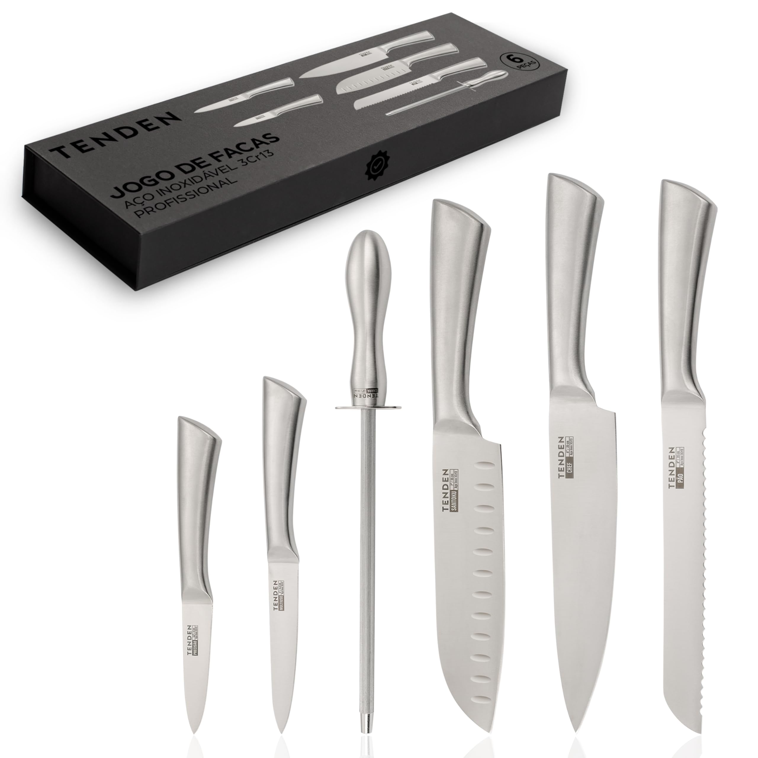 Jogo de Facas Profissional 6 Peças Premium TENDEN – Conjunto de Facas de Cozinha Aço Inox