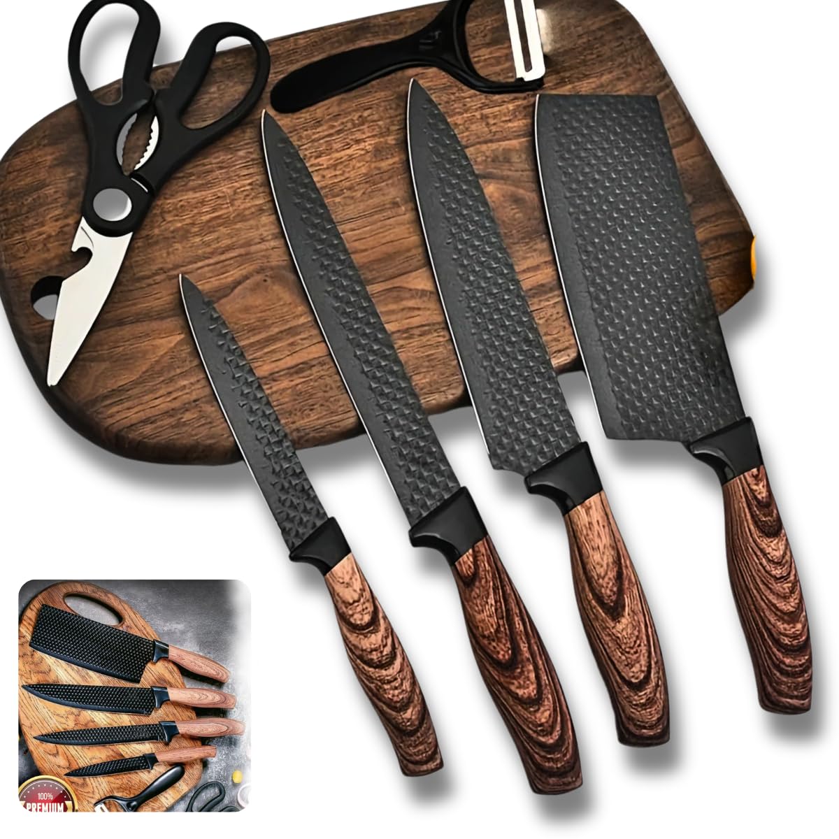 Jogo De Facas 6 Unidades Premium Rustica Amadeirada Black Corte Preciso Acabamento