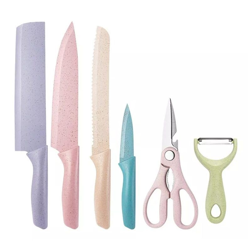 Jogo de Facas de Cozinha Coloridas Gourmet Inox com Tesoura e Descascador – 6 Peças