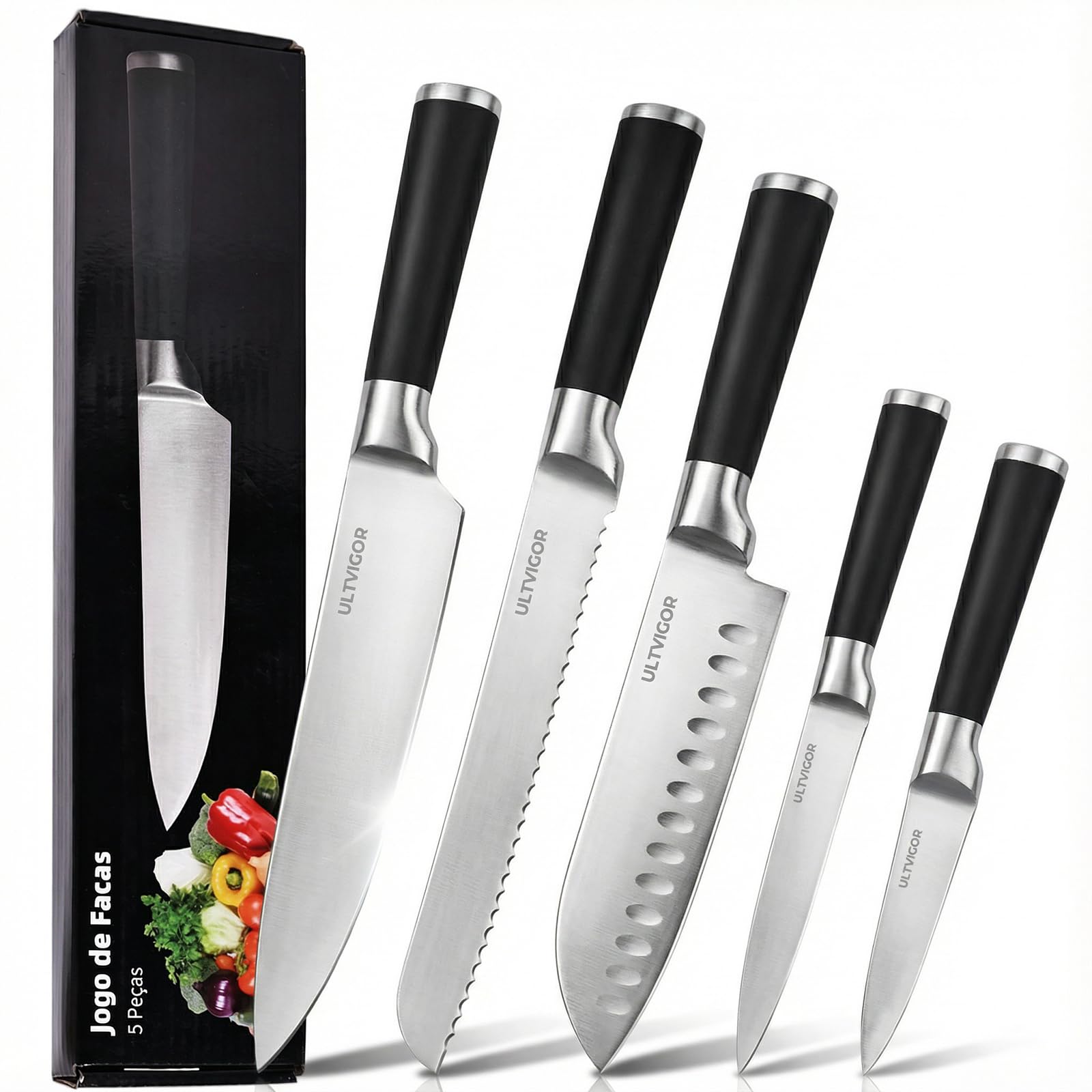 Jogo de Facas de Cozinha 5 Peças em Aço Inoxidável 4CR13 para Uso Doméstico, Kit