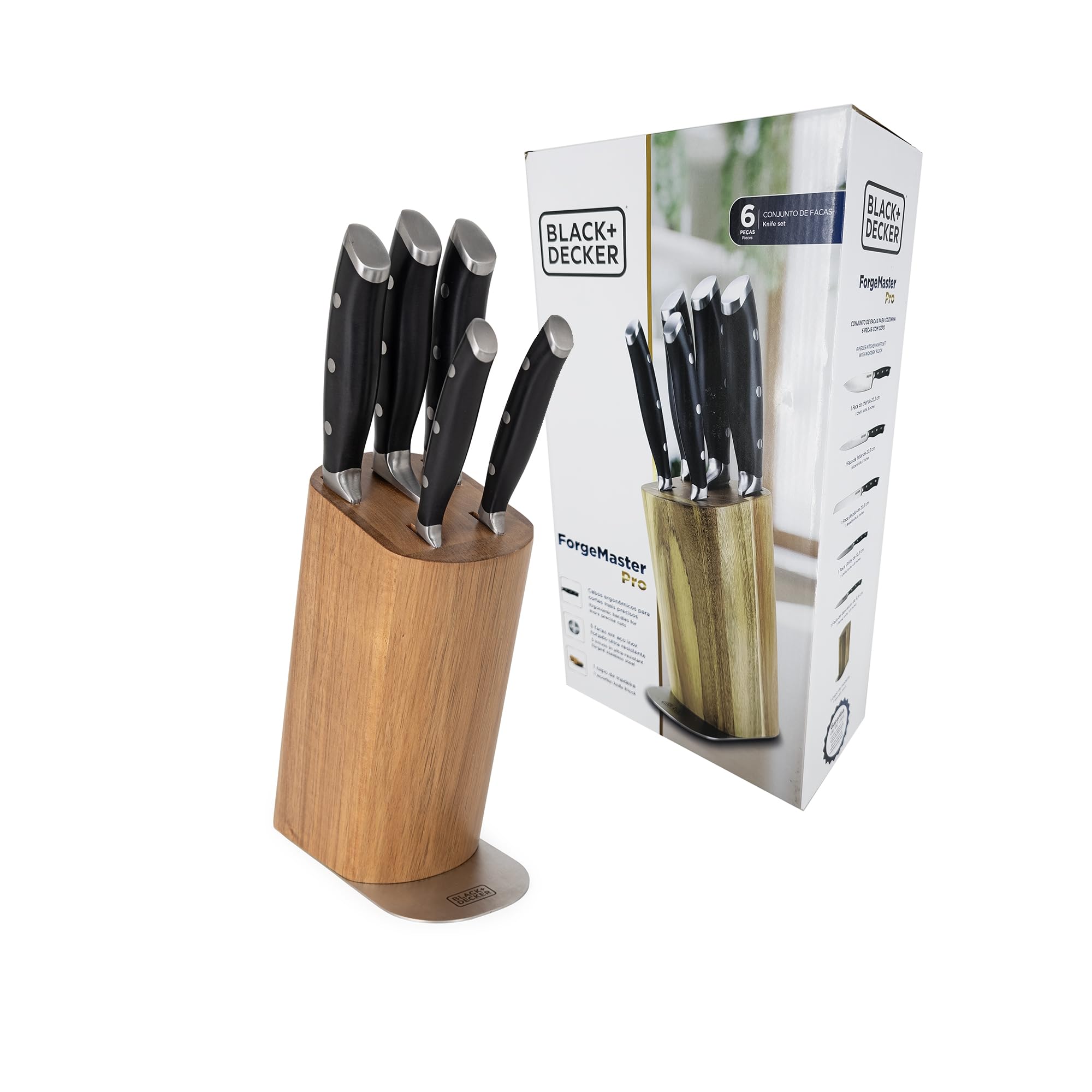BLACK+DECKER Jogo de Facas e Cepo 6 Peças ForgeMaster Pro - Lâminas em Aço Forjado com