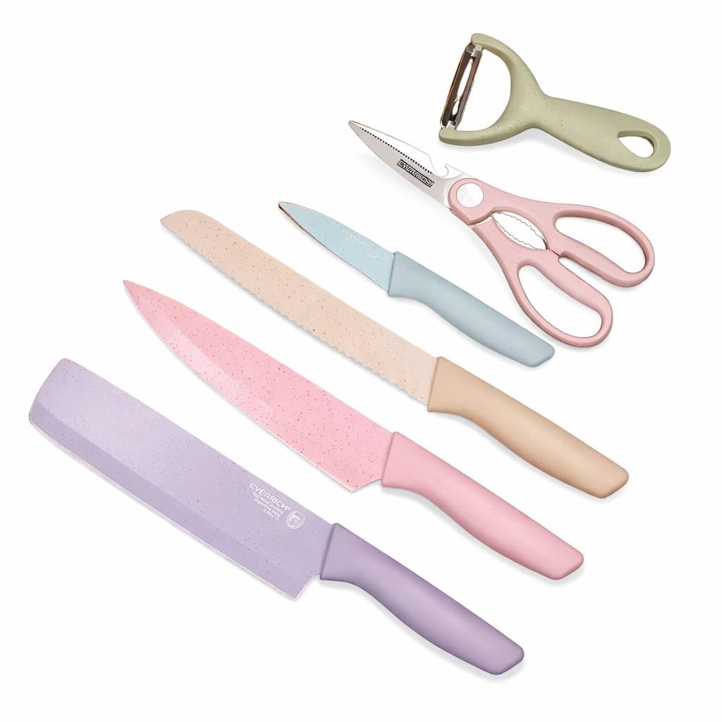 Jogo De Facas Cozinha 6 Peças Aço Inox Antiaderente Chef Churrasco Coloridas