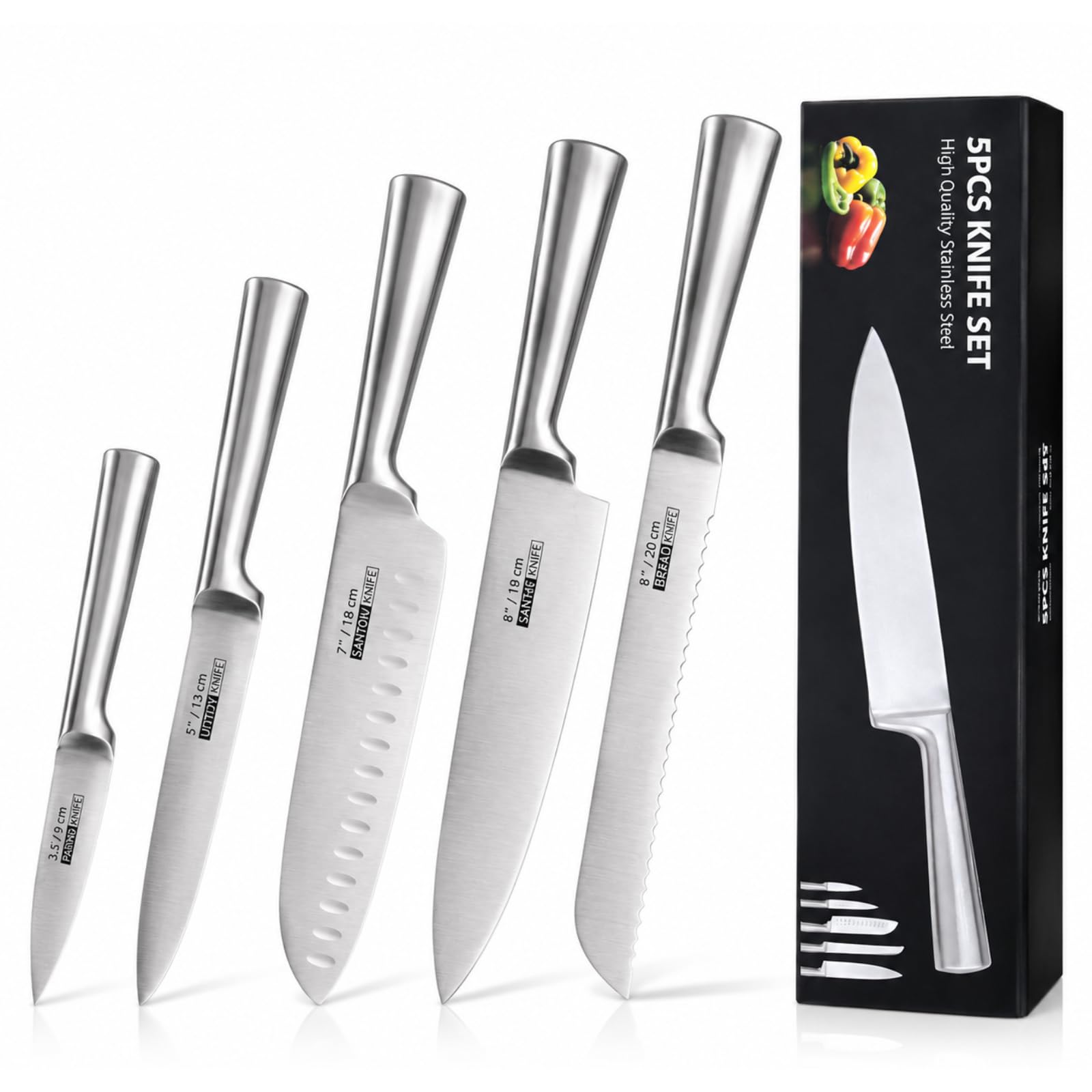 Jogo de Facas Conjunto Profissional com Kit 5 Peças de Cozinha Zurich em Aço Inox, Jogo