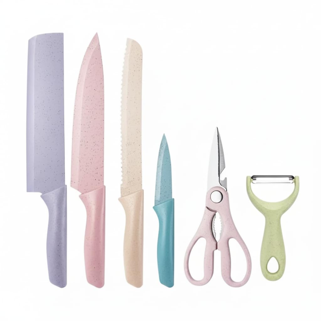 Jogo de Facas Gourmet 6 Peças Coloridas, Aço Inox, com Tesoura e Descascador