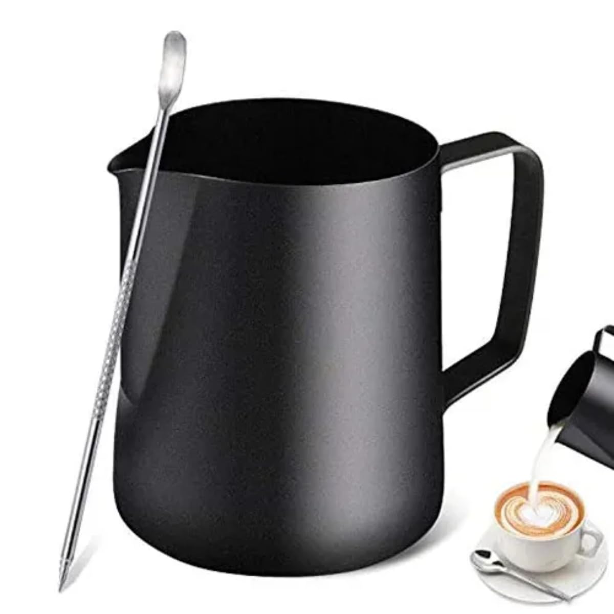 Bule Jarra Leiteira Barista 600ml Inox Preto + Caneta Latte