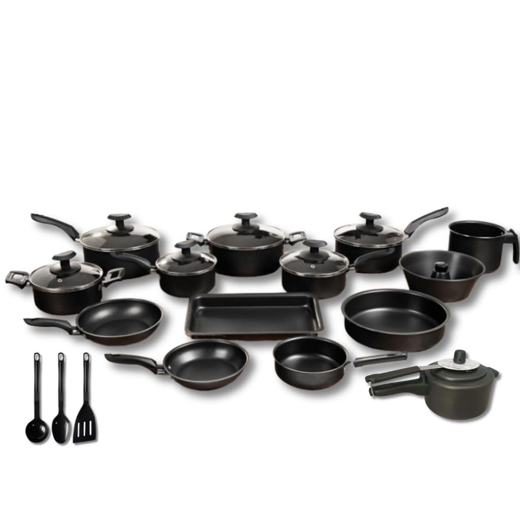 Conjunto Panelas 17 Pc antiaderente, Panela Pressão 2 Litros,leiteira inox(Preto)
