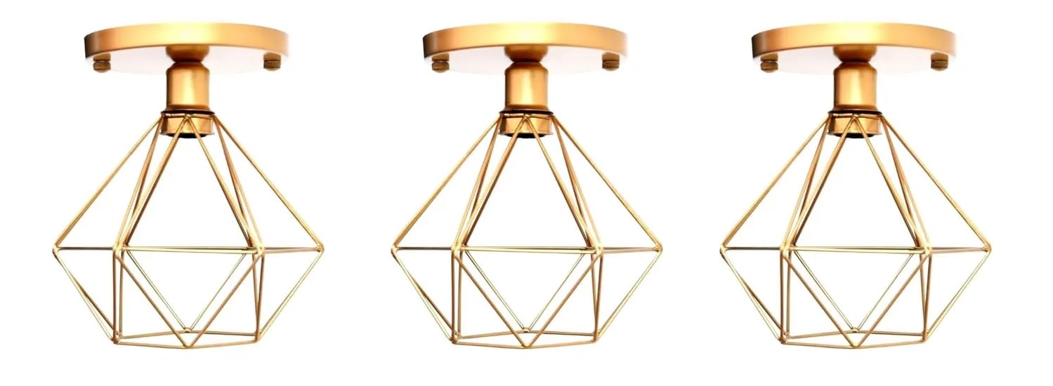 Luminária de Teto Diamante, Kit com 3 Peças, Plafon Sobrepor, Dourado - Brasil Decor
