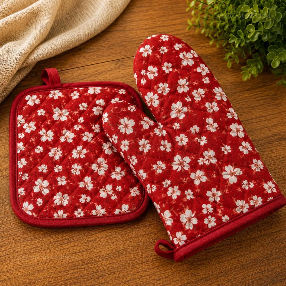 Kit Luva Térmica Pegador de Panela Floral Matelassado Algodão Vermelho | 70% Algodão 30%