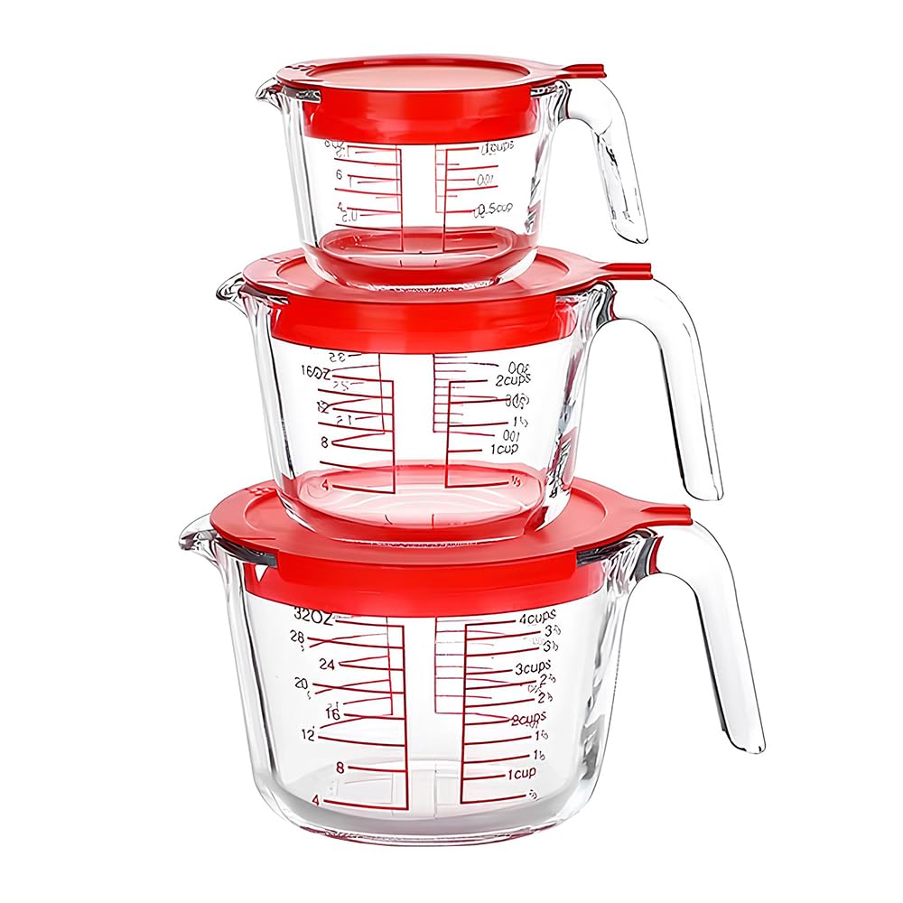 Conjunto 3 Copos Medidores de Vidro Life com Tampa de Silicone Vermelha – Medidas 250ml,