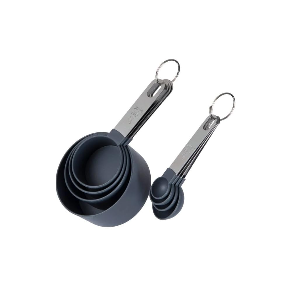 Conjunto de Colheres e Xícaras Medidoras, Plastico Cinza com Cabo Inox, 8 Peças, Anel de