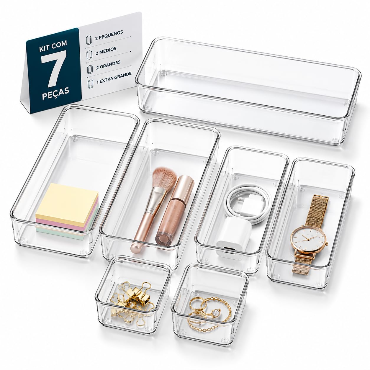 Organizador de Gaveta Acrílico Transparente Kit com 7 Peças | Organizador Modular