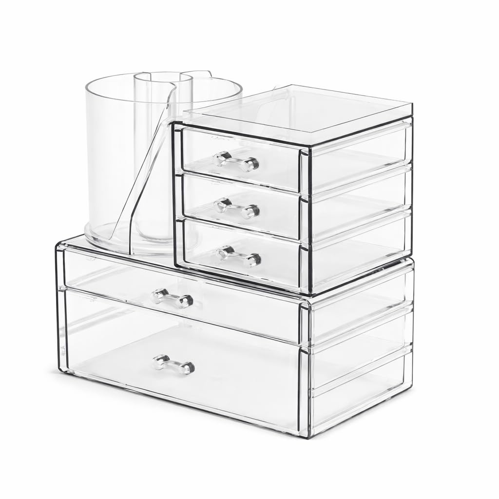 Organizador de Maquiagem Acrílico com 5 Gavetas e Porta-Pincéis – Estojo Transparente