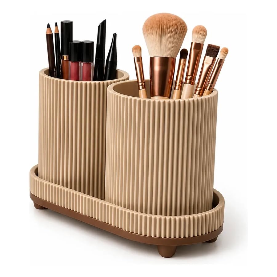 Organizador De Maquiagem Duplo Bandeja Porta Pinceis Moderno Make PLA Premium Bege