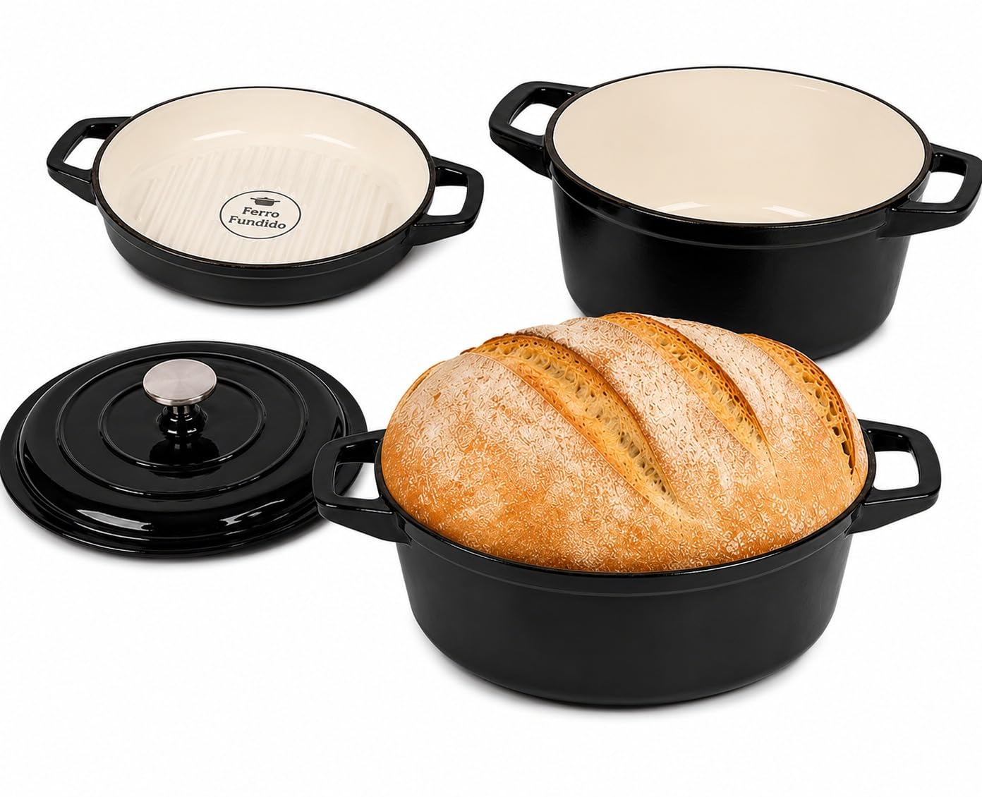 Conjunto de Panelas Holândesa Ferro Fundido Esmaltado, 3 Peças, Indução Forno e Fogão,