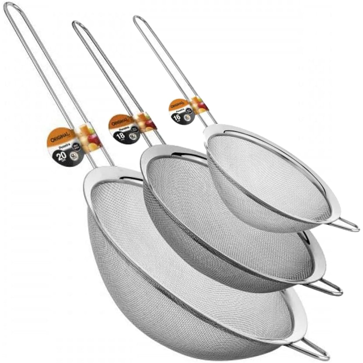 Jogo 3 Peneiras em Aço Inox Premium 16cm, 18cm e 20cm Resistente, Versátil, Durável - com