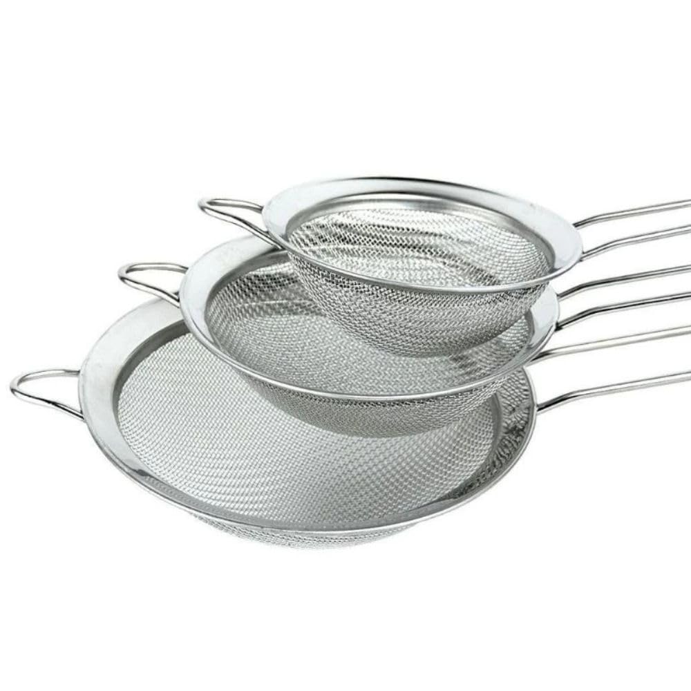 Conjunto Kit Peneiras em Aço Inox 3 Peças 8cm/10cm/12cm Cabos Ergonômicos Para Coar