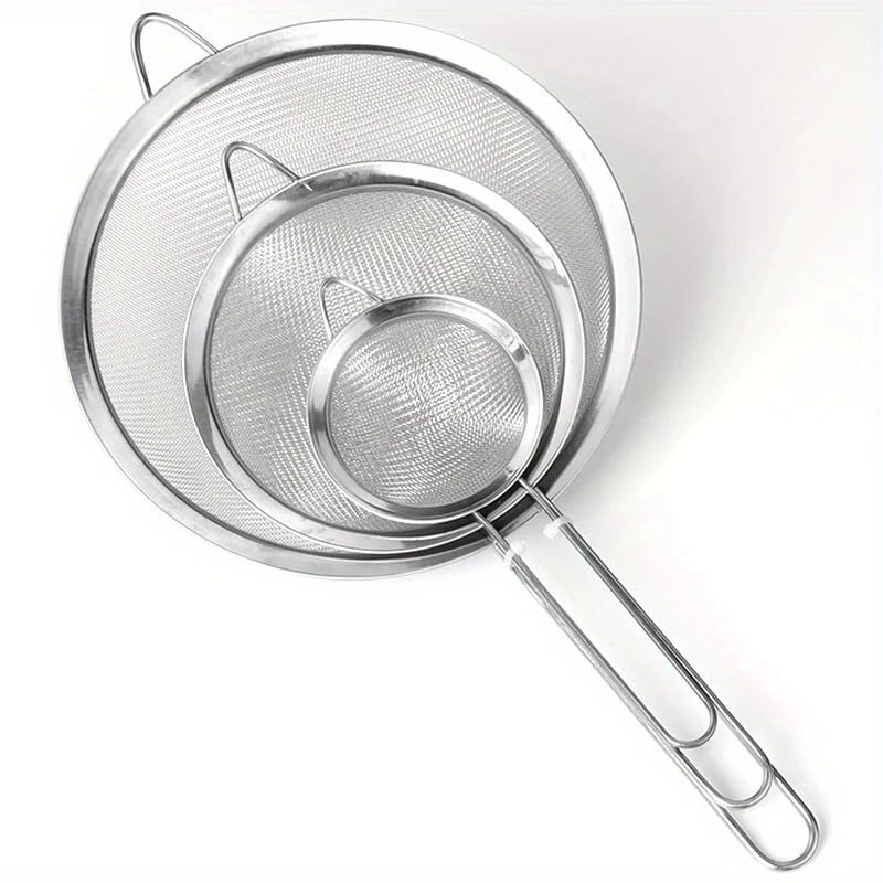 Jogo de Peneiras de Inox com 3 Peças (8, 10 e 12cm) - Coador de Cozinha com Cabo e Apoio