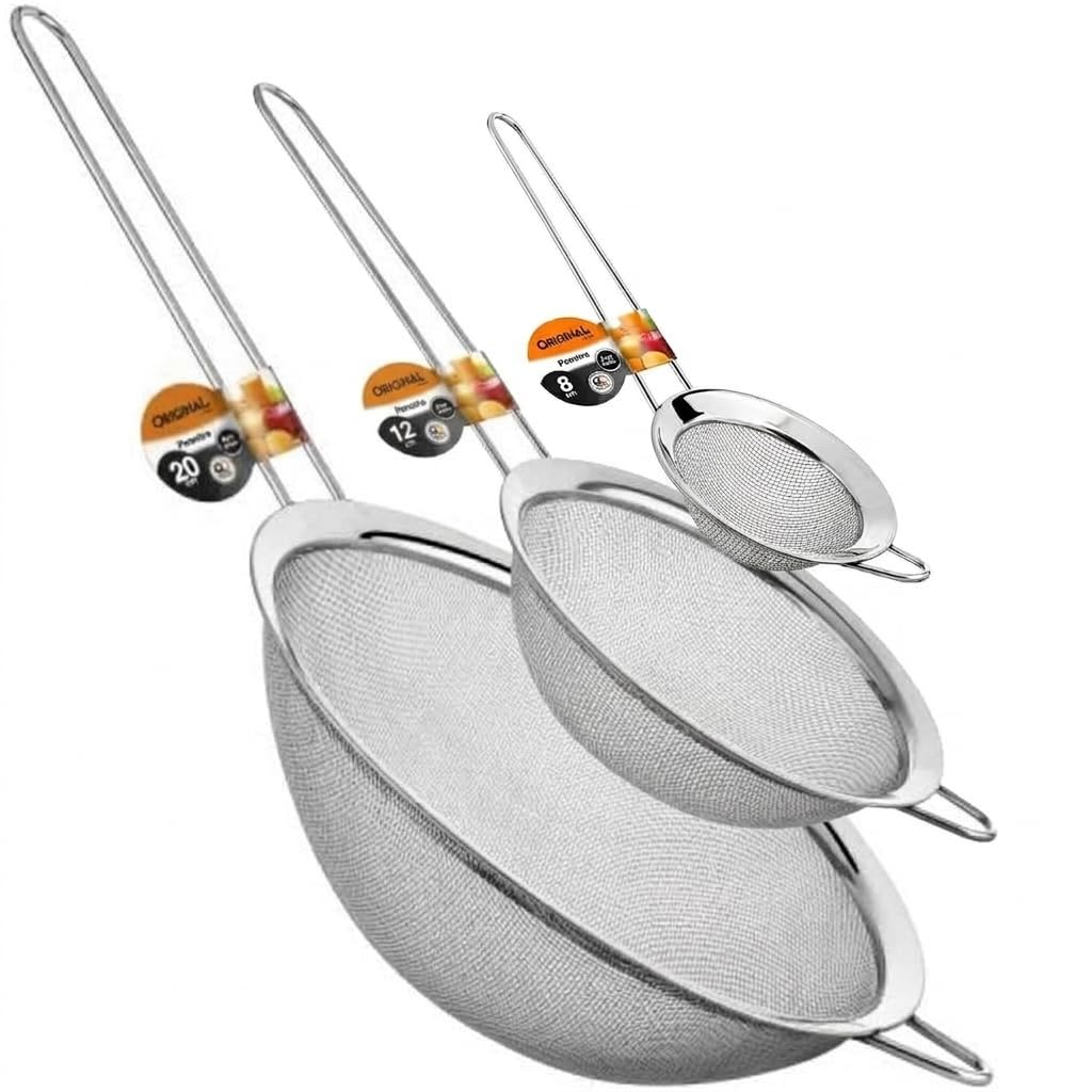 Jogo 3 Peneiras em Aço Inox Premium 08cm, 12cm e 20cm Resistente, Versátil, Durável - com