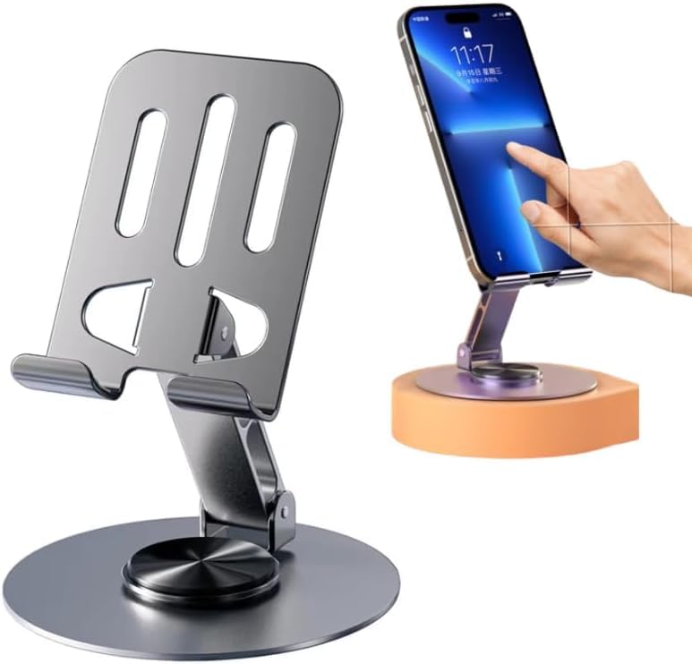 Suporte de Celular de Mesa em Alumínio com Base Rotativa 360° - Ajustável e Dobrável para
