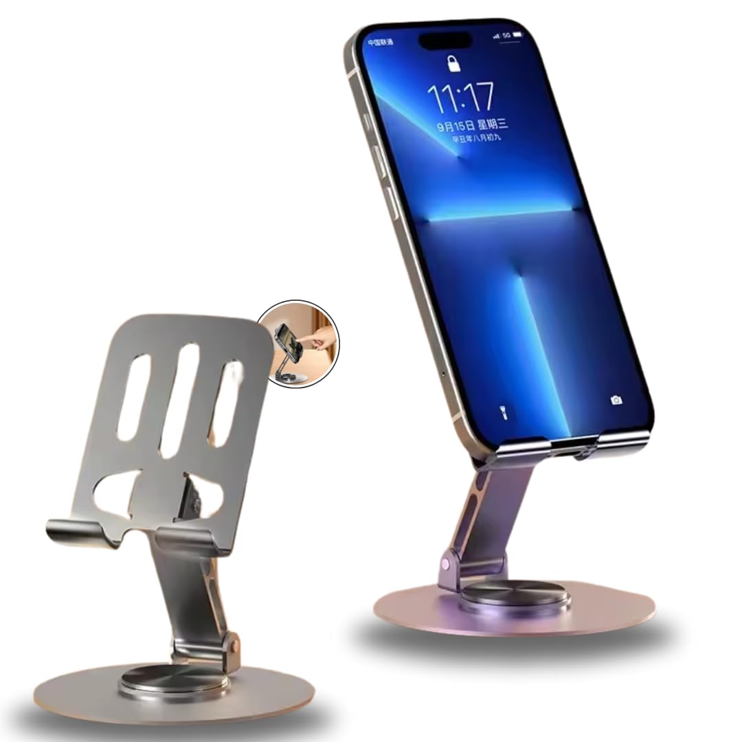 Suporte de Celular em Alumínio Premium com Base Rotativa 360° - Ajustável, Dobável e