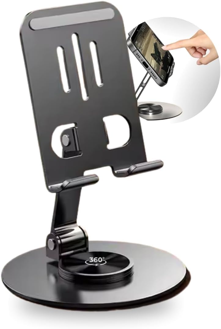Suporte de Celular de Mesa em Alumínio com Base Rotativa 360° Ajustável e Dobrável