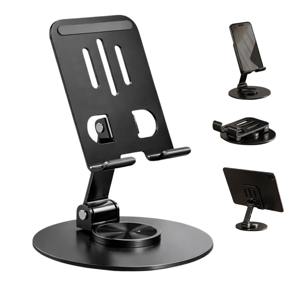 Suporte de Celular de Mesa em Alumínio com Base Rotativa 360° Ajustável Dobrável
